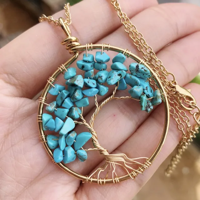 Turquoise Gem Stone Tree Of Life Water-Drop Necklace Chakra Reiki Healing Amulet