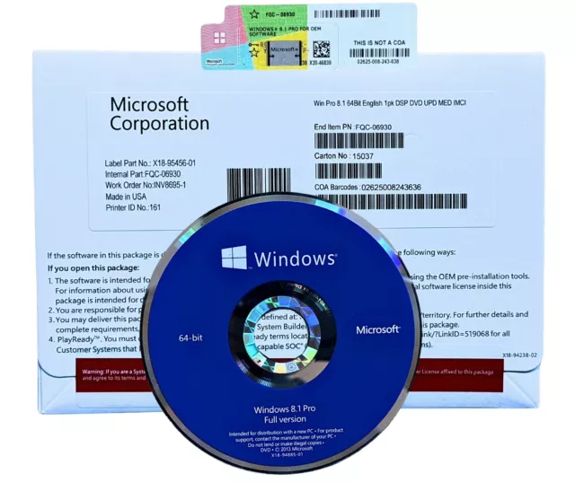 Microsoft Windows 8.1 Pro 64-bit DVD+Product Key in Sealed Package (FQC-06930)