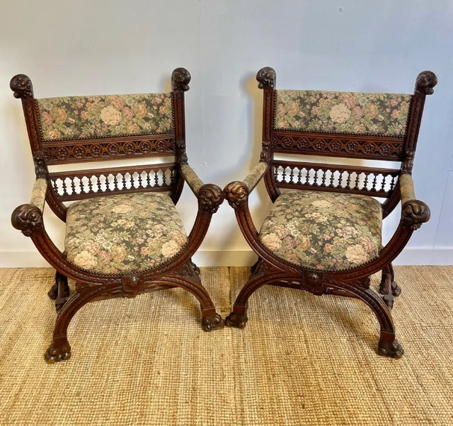 Pair of Late 19th Century Antique French Solid Walnut Armchairs 