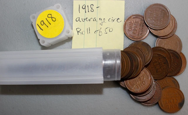 1918 Lincoln Wheat Cent Coins 1c US Pennies Circulated 50 Coin Roll Philadelphia