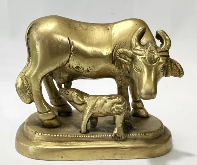 Vintage Handmade Solid Brass Hindu Kamdhenu Divine Wish Fulfilling Cow & Calf 3”