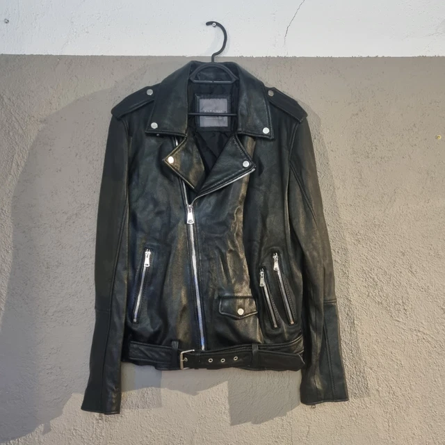 Zara Leather Biker Jacket Front Zipper And Belt XL