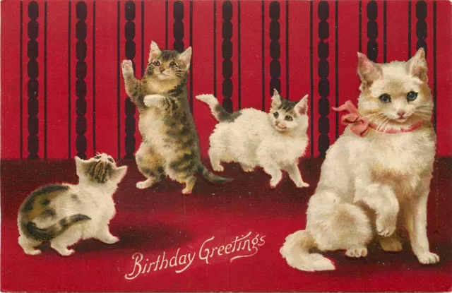 Helena Maguire Cat Art Birthday Postcard 202. Mother & Kittens, Red Background