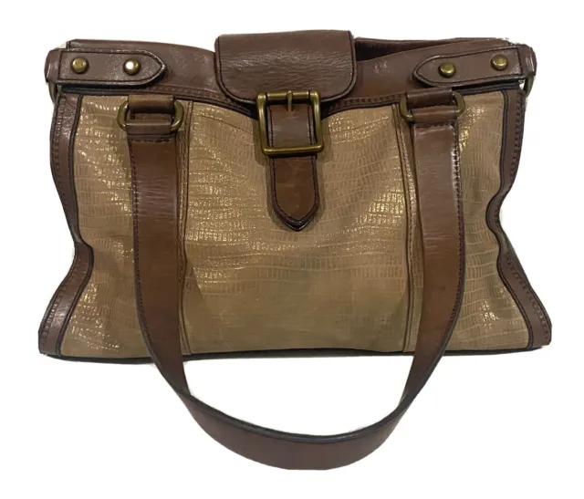 Fossil Vintage Revival Brown Tan Textured Metallic Leather Satchel Tote Purse
