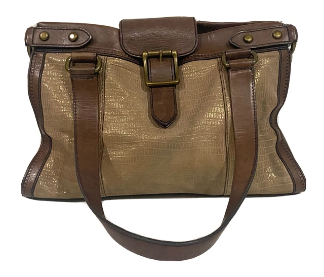 Fossil Vintage Revival Brown Tan Textured Metallic Leather Satchel Tote Purse