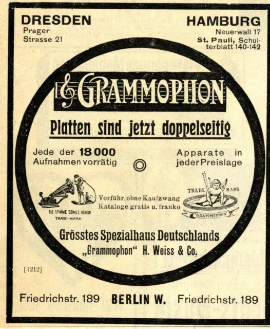 H.Weiss & Co. Berlin Dresden Hamburg GRAMMOPHON PLATTEN Historische Reklame 1907