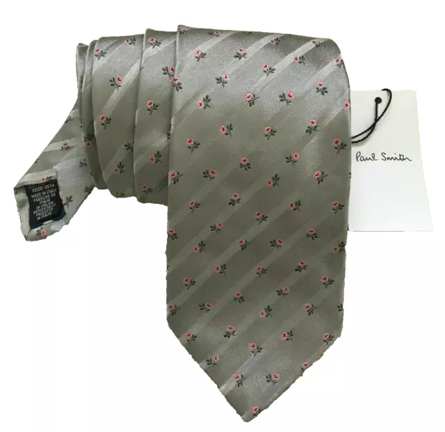 Paul Smith Corbata de Seda Gris Con Detalle Floral Forro de Lunares 8cm