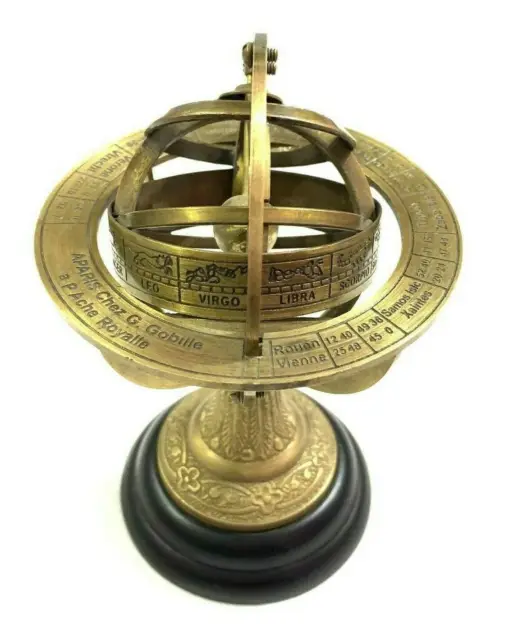 Astrolabe Antique Armillary Brass Desktop Globe Sphere Wooden Base Nautical Gift