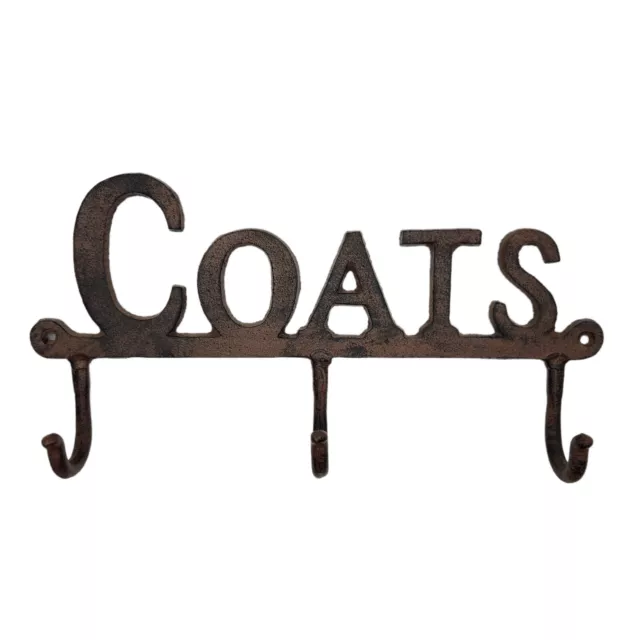 Cast Wrought Iron Coat Rack Hanger "Coats" Wall Mounted Vintage Look 3 Hooks