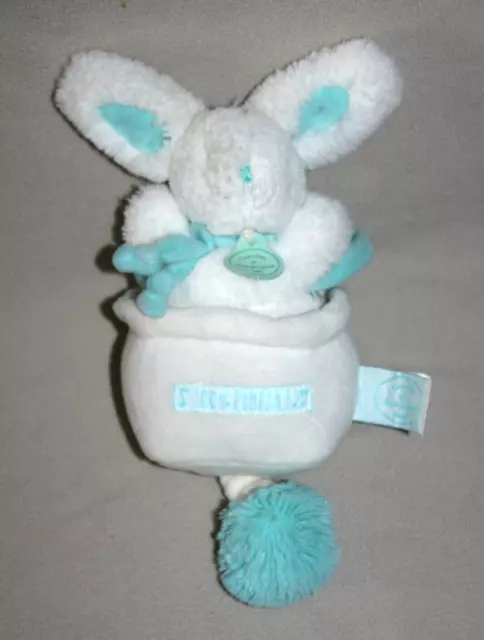 Doudou Et Compagnie Doudou Lapin Pompon Musical Blanc Bleu 100% Pompon Kom9