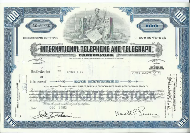 ITT International Telephone and Telegraph Corporation 100 Shares 1972