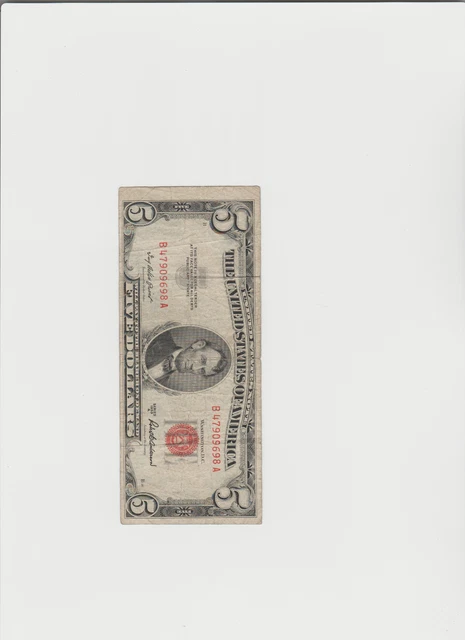 1953-A Five Dollar RED Seal Note United States Note Old US Bill $5 Average Circ