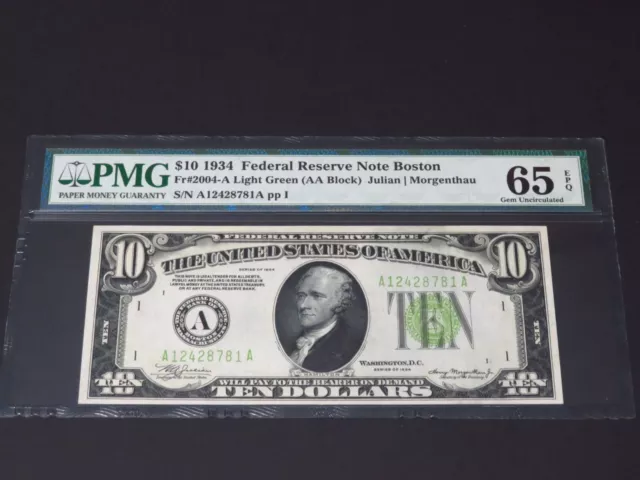BOSTON LGS. LIGHT GREEN SEAL. $10 1934 Boston FRN. PMG 65 EPQ. Tough Note