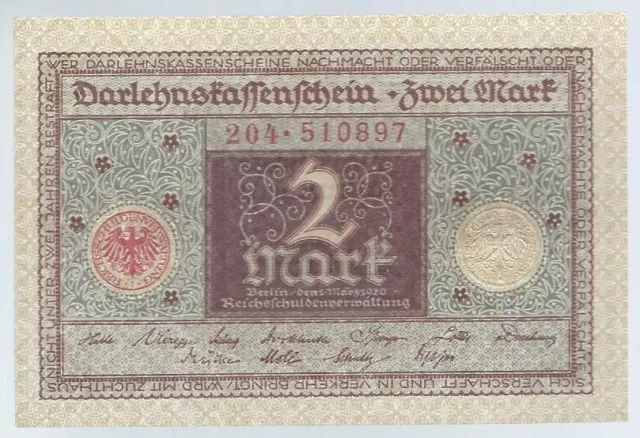 Banknote Deutschland/Weimarer Republik Darlehenskassenschein -2 Mark -1920 - UNC
