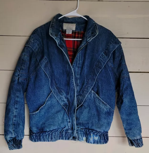 Vintage 80s Soft Flannel Lined Jean Denim Bomber Jacket Puffy Coat Size Medium