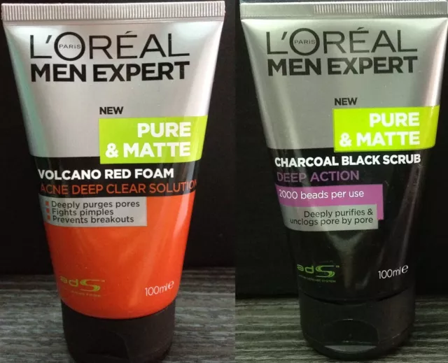 2x 100mL LOREAL MEN EXPERT Pure Matte Volcano Exfoliating Acne Treatment Foam