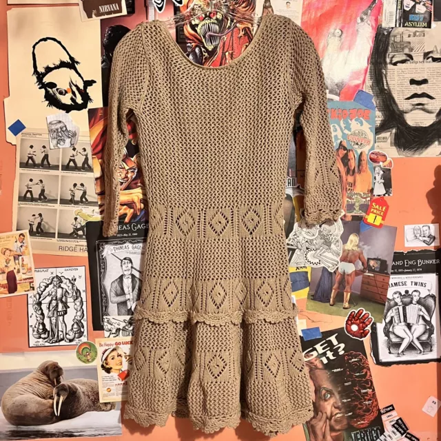 Vintage Moda International Crochet Stretchy Boho Open Back Sweater Dress Size M