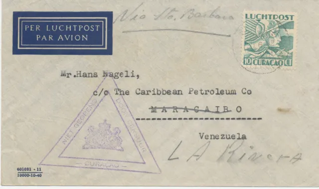 CURACAO 1942, 10 C Merkur EF a. Kab.-Lupo-Bf nach Venezuela Zensur-Stempel