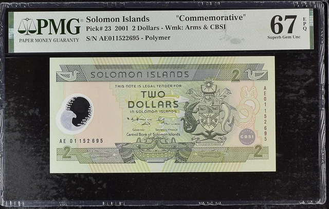 Solomon Islands 2 Dollars 2001 P 23 Polymer Comm. Superb Gem UNC PMG 67 EPQ NR