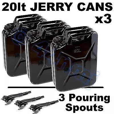 BLACK 20 litre lt JERRY CANS 20lt x3 & 3 Pouring Spouts