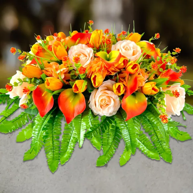 Headstone Flower Saddle - Artificial Orange Tulips Roses Cemetery Flowers, Sy...