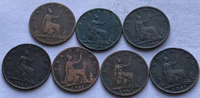 1860 - 1868 Farthings Lot (7 Coins) - Victoria Group 1861 1862 1865 1866 1867