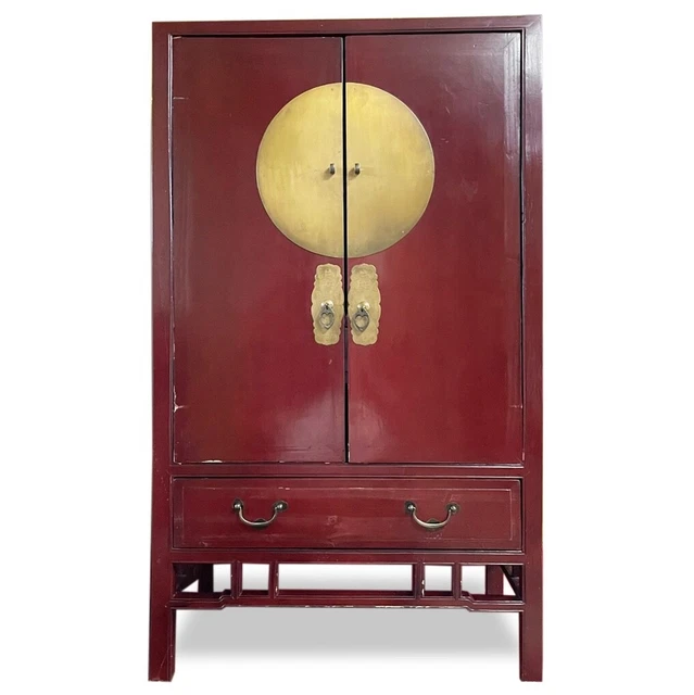 19th Century Antique Chinese Red Lacquered Ming Style Wedding Cabinet
