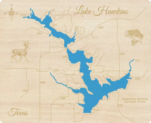 Lake Hawkins, Texas - Laser Cut Wood Map | Wall Art | Made to Order