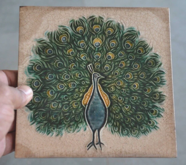 2 Pc Vintage Colorful HS Mark Peacock Embossed Ceramic Tiles, Japan 3