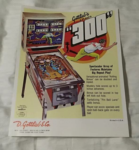 Gottlieb's 300 Pinball Machine Advertising Flyer Vintage Rare Nice!