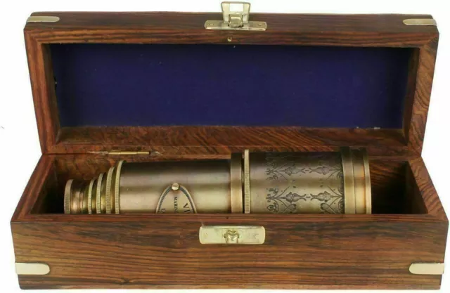 Marine Telescope Nautical Antique Solid Brass Pirate Spyglass 20" Wooden Box