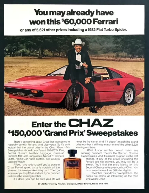 1982 Tom Selleck Ferrari 308/GTSi photo Chaz Cologne Sweepstakes promo print ad