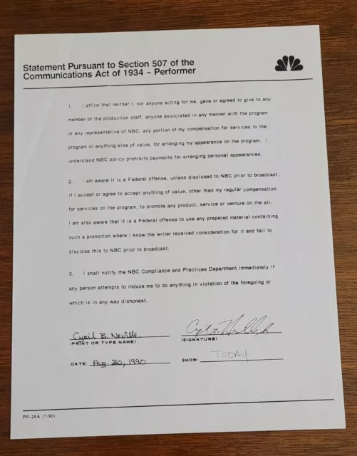 1990 Music Contract Signed Rare Nbc Autograph Cyril Neville Today Show