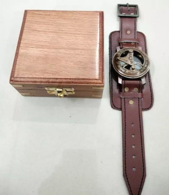 Sun Dial Leather Watch Brass Compass Leather Antique Old Gold Lustre Wooden Box