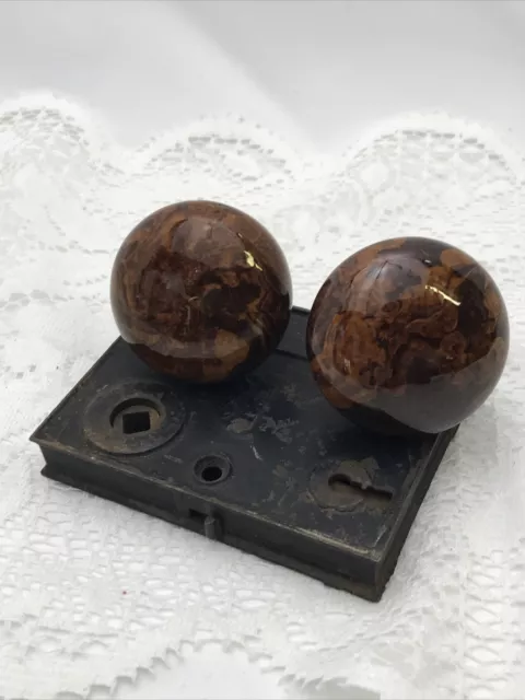 Antique Vtg Mortise Lock Door Knob Set Brown Porcelain Tiger Swirl Marble 1800's