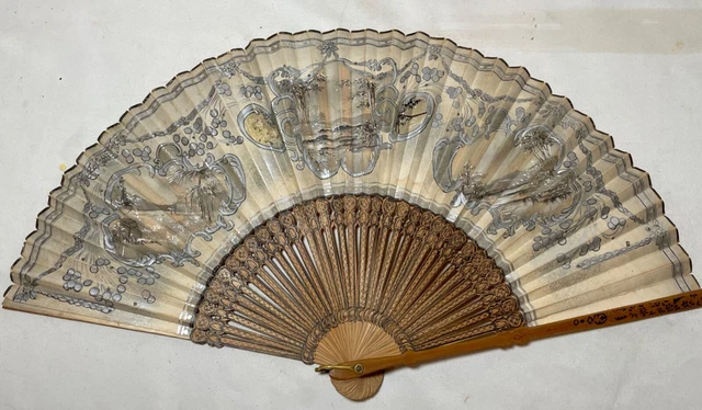 antique 19th century handmade French ornate painted wood lace vanity hand fan