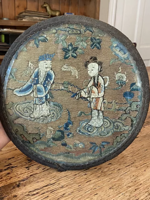 Very Fine Antique Chinese Silk Embroidered Scene Figures Behind Glass Rank Badge