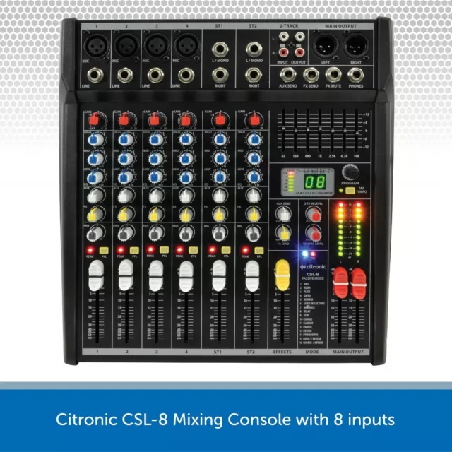 Citronic CSL-8 Mixing Console 8 Inputs Pro Live DJ Mixer Studio Band 19" Rack