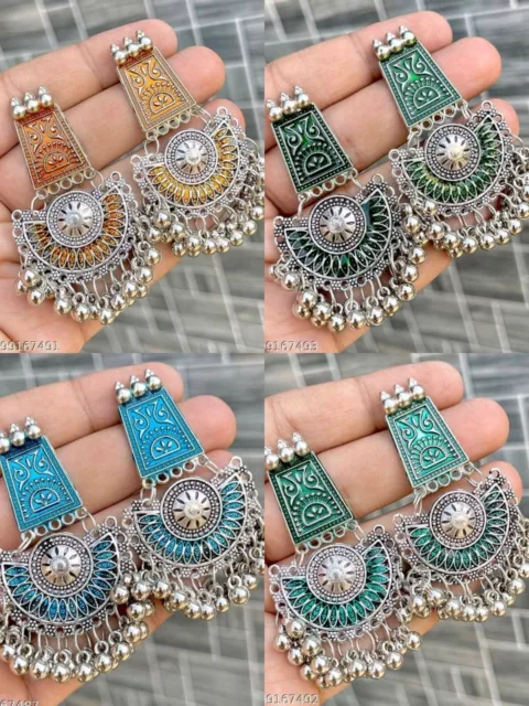 Indian Jhumka Earrings Pakistani Bali Silver Oxidized Jewelry Ethnic Combo Pack 2