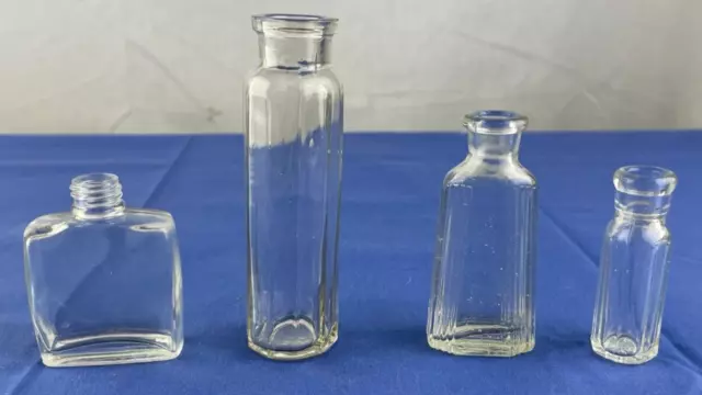 Lot Of 4 Old Antique Perfume Medicine Household Clear Bottles - Ribbed