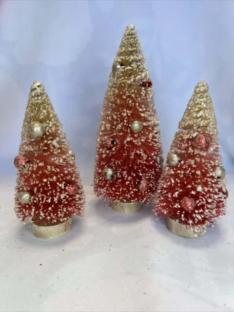 Lot of 3 Vintage Pink ombré Bottle Brush Christmas Trees Mercury Glass
