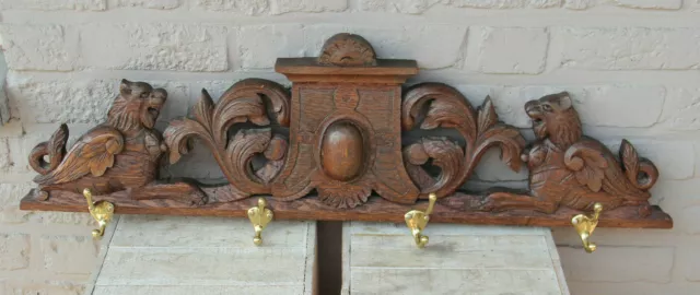 Antique French oak wood carved lions castle pediment coat rack wall