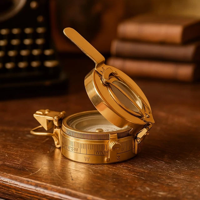 Ancienne boussole magnétique des forces britanniques des années 40 dans une boîte en bois (laiton ou noir) - France