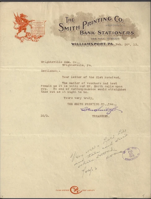 Williamsport, Pa ~The Smith Printing Co, Bank Stationers ~ Illus Letterhead 1913