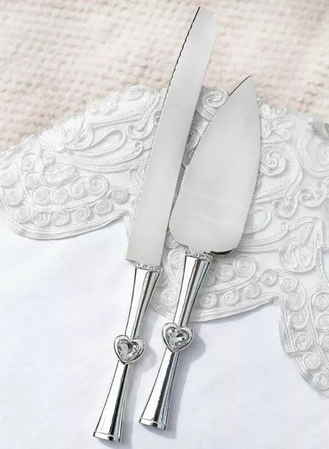 SILVER PLATED WEDDING CAKE KNIFE & SERVER SET engagement crystal love hearts NEW