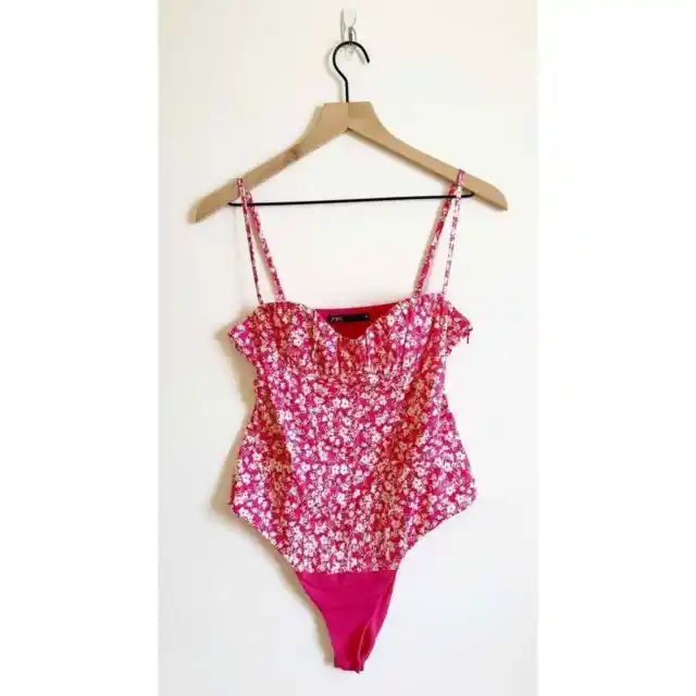 Zara Sweetheart Neck Corset Bodysuit Floral Print Pink and White Size M
