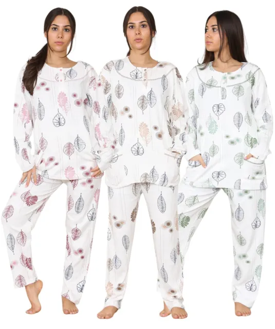 Ladies Pyjama Set Long Sleeve Button Pockets Floral Thermal Warm Soft Loungewear
