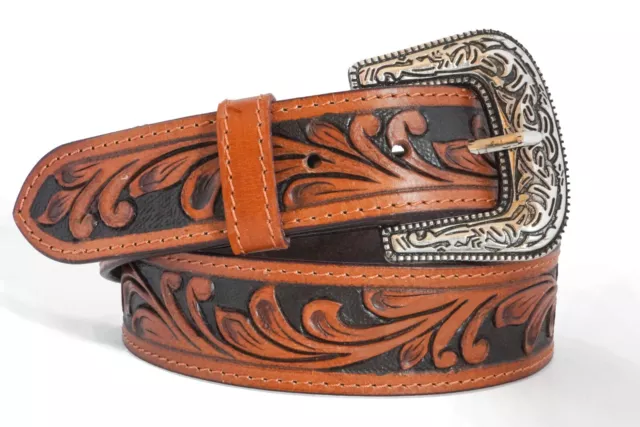 Detachable Buckle Premium Western Leather Belt, Cowboy Rodeo Floral Tooled Work