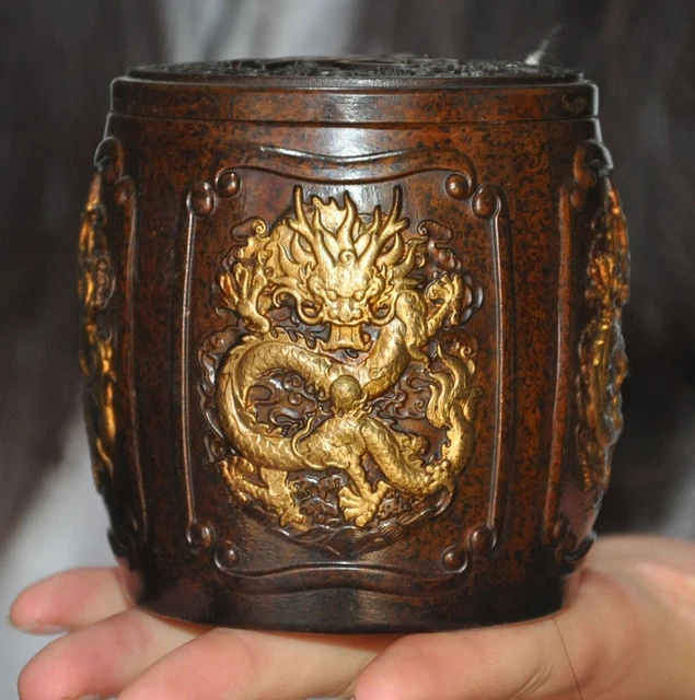 3.6"old China bronze wealth fengshui dragon loong Crock tank pot jar statue