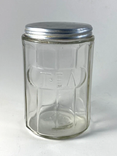 Vintage Hoosier Cupboard 12 Panel Glass Tea Canister Jar with Aluminum Lid